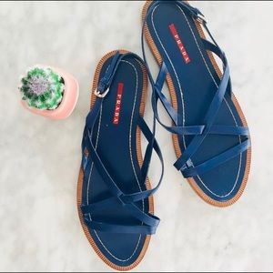 PRADA Sandal Blue Leather X-Strap 40 Flats